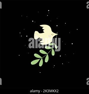 Peace Day Design mit fliegender weißer Taube mit grünem Olivenzweig im Schnabel. Vektor-flache Abbildung auf dunkelblauem Hintergrund. Stockfoto