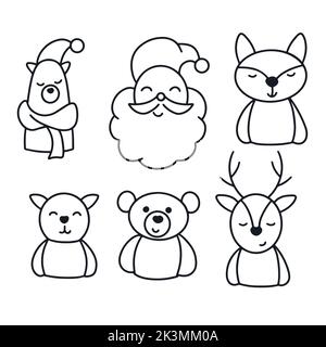 Legen Sie Weihnachtsfiguren Doodle-Stil. Bär, weihnachtsmann, Fuchs, Katze, Hirsch Konturbild Clipart. Einfache Darstellung von Konturvektoren Stock Vektor