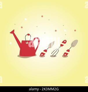 Gardening Icon Set, flacher Cartoons-Stil mit Textur. Vektor handgezeichnete Illustrationen von Gartenarbeit. Niedliche Gartenarbeit handgezeichnete Elemente. Gartengeräte Stockfoto