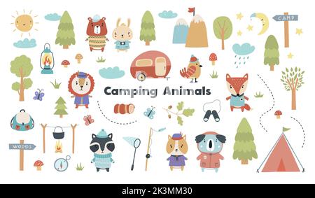 Ein niedliches Set mit Camping, Waldtieren, Pfadfinderabzeichen, Zelten und mehr. Vektorgrafik Stock Vektor