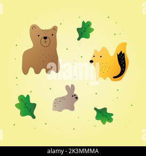 Niedliche Woodland Tiere Set und Wald Elemente. Bunte liebenswert Vektor-Illustration in flachen Stil. Stockfoto