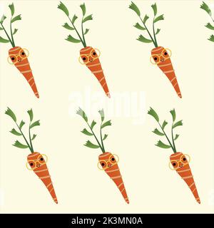 Nahtlose Vektorgrafik in flacher Ausführung. Karotten auf gelbem Hintergrund. Anwendungsfälle sind Drucken, Tapete, Geschenkpapier, Design, Textilien, Hinweis b Stockfoto