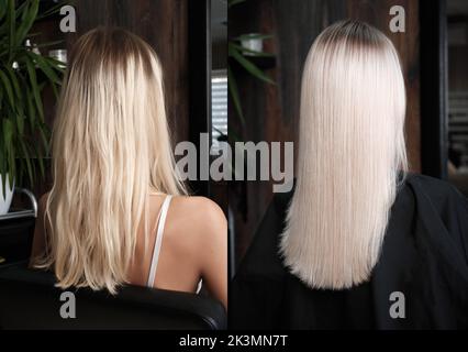 Frau vor, nachdem sie ihre Haare gefärbt hatte. Rückansicht, gerade und Locken. Stockfoto