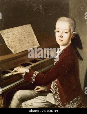 WOLFGANG AMADEUS MOZART (1756-1791) Österreichischer Komponist spielt das Spinett 1768 Stockfoto