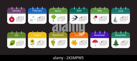 Kalendersymbole mit Muster. Jahreskalender. Symbolkonzept. Flacher Cartoon-Stil Stock Vektor