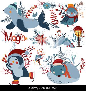 Niedliche Wintertiere aus der Arktis, niedliche Robbe, lustiger Pinguin auf Schlittschuhen, schlafender Wolf, verschneite Berge und Blumen und Blätter.Niedliche Wintertiere für Grußkarten, Poster, Postkarte, Banner. Vektor Stock Vektor