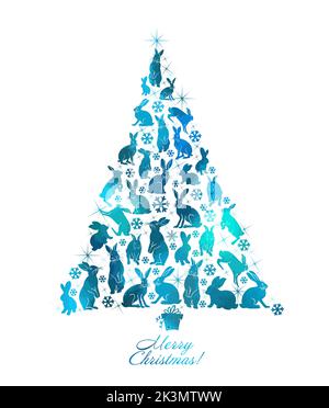 Baum der Hasen. Frohes Neues Jahr 2023. Wunderschöne weihnachtskarte. Vektorgrafik Stock Vektor