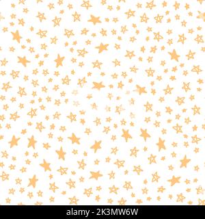 Nahtloses Muster mit handgezeichneten goldenen Sternen auf weißem Hintergrund. Vektordarstellung von Nachthimmel-Elementen, Himmelskörpern für Geschenkpapier, fabri Stock Vektor