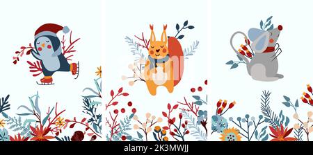 Winter Hintergrund mit arktischen Pinguin auf Schlittschuhen, lustige Eichhörnchen, nette Maus in einem Schal, Blätter, Blumen und andere. Winterkompositionen. Perfekt für Grußkarten, Poster, Postkarten, Banner. Vektor. Stock Vektor