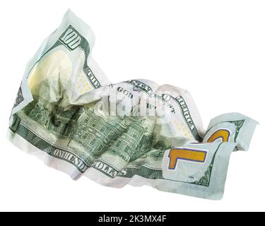 Zerknittert 100 Dollar, isoliert auf weißem Hintergrund, Beschneidungspfad, volle Schärfentiefe Stockfoto