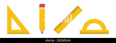 Mathe-Tools für den Bildungsbereich. Bleistift, Lineal, Dreieckslineal und Winkelmesser-Symbol. Vektor auf Weiß isoliert. Stock Vektor