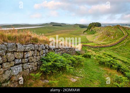 Hadrianswall in der Abenddämmerung, North Cumbria, Nordengland Stockfoto