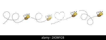 Cartoon Biene Figuren gesetzt. Bienen fliegen auf einer gepunkteten Route. Vektordarstellung auf weißem Hintergrund isoliert. Stock Vektor