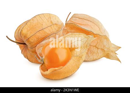 Kap Stachelbeere, Physalis isoliert auf weißem Hintergrund, Beschneidungspfad, volle Schärfentiefe Stockfoto