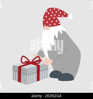 Niedliches kleines Gnome in einem Hut mit einem Geschenk. Vektor-isoliertes Clipart. Stock Vektor