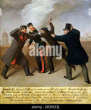 Attentat auf den Kaiser Franz Joseph im Jahr 1853. Am 18. Februar 1853 überlebte Franz Joseph einen Attentat des ungarischen Nationalisten János Libényi. Stockfoto