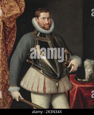 Porträt von Rudolf II., Gemälde von Martino Rota Rudolf II. (1552 – 1612) Kaiser des Heiligen Römischen Reiches (1576–1612), König von Ungarn und Kroatien (als Rudolf I., 1572–1608), König von Böhmen (1575–1608/1611) und Erzherzog von Österreich (1576–1608). Er war Mitglied des Hauses Habsburg. Stockfoto