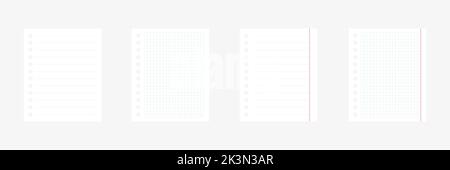 Realistisches liniertes, kariertes und leeres Notizenset. Sammlung von leeren Papierblättern. Vektor auf Weiß isoliert. Stock Vektor