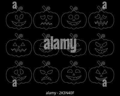 Kürbislinie Teilflächen gesetzt. Halloween lineare Kürbisse Kollektion. Vektor auf schwarzem Hintergrund isoliert. Stock Vektor