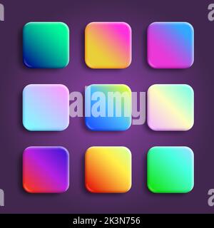 App-Symbole Hochglanz Vektor Hintergründe Sammlung. 3D Knöpfe mit holografischen Neonverläufen und realistischen weichen Schatten abgerundete Rechtecksformen für das Web Stock Vektor