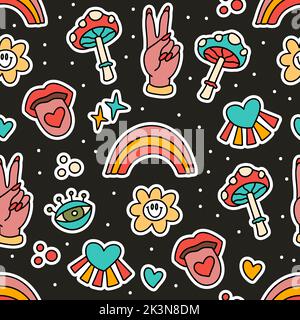 Niedliche Cartoon groovy Regenbogen Aufkleber Vektor nahtlose Muster. Hippie Retro Hintergrund Illustration Stock Vektor