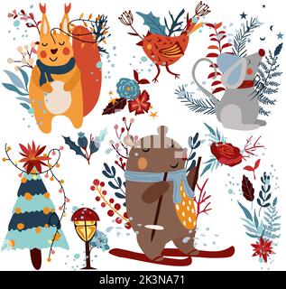 Winter Kompositionen lustiges Eichhörnchen, ein niedlicher Bär ist Skifahren, Maus in einem Schal, Weihnachtsbaum, Vogel und andere. Niedliche Wintertiere für Grußkarten, Poster, Postkarte, Banner. Vektor Stock Vektor