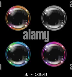 Bunte realistische Seifenblasen auf dunklem Hintergrund gesetzt. Vektorgrafik. Stock Vektor