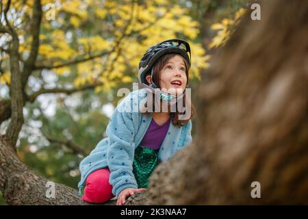 Ein kleines Mädchen mit Fahrradhelm klettert im Herbst auf einen großen Baum Stockfoto