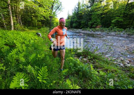 Frau, die mit ihrem Hund auf einem grünen Feld am Fluss läuft Stockfoto