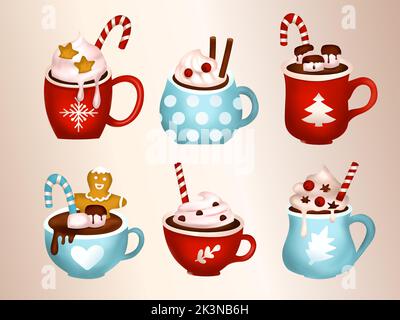 Heiße Schokolade Tasse Weihnachtskaffee 3D Cartoon Vektor Latte Drink Set Vektor Stock Vektor