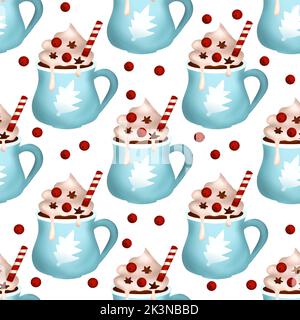 Weihnachten Getränk Creme 3D Vektor nahtlose Muster, Kakao Tasse Dessert Schokolade Kunst, Winter Kaffee heiß Illustration Stock Vektor