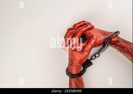 Blutige männliche Hände in Handschellen, gefaltet auf einem weißen Tisch. Stockfoto