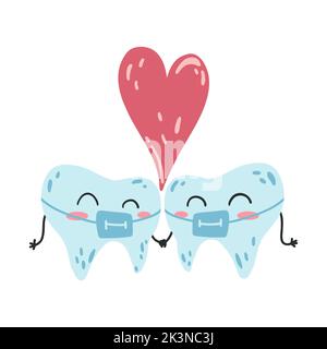 Handgezogenes Kawaii-Zahnpaar in Zahnspangen. Flache Cartoon-Vektor-Illustration der Zähne Charakter in der Liebe, Zahnpflege Konzept, Mundhygiene. Stock Vektor