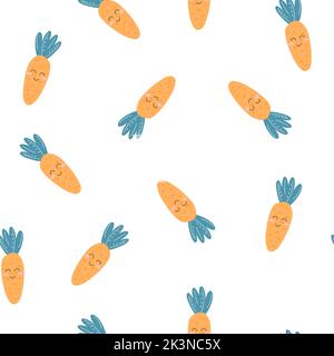 Nahtloses Muster mit niedlicher Kawaii-Karotte mit fröhlichem Gesicht im flachen Stil. Handgezeichnete Vektor-Illustration von Kindern Cartoon Hintergrund zum Einwickeln Pap Stock Vektor