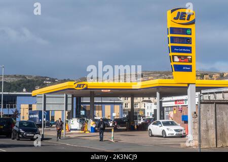 Jet-Tankstelle/Garage in Llandudno, Nordwales, Großbritannien. Stockfoto