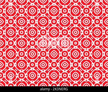 Abstraktes Rot – nahtloses, flaches Muster mit Ziermuster, geometrischen Quadraten und dekorativem Motiv auf Hintergrund für Tapeten und Textilien Stockfoto