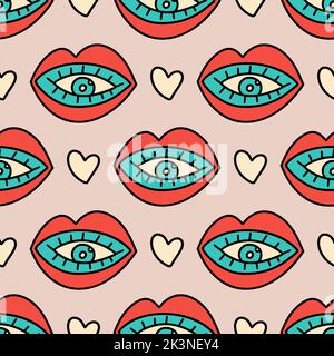 Niedliche Cartoon groovy Lippen Auge und Herzen Aufkleber Vektor nahtlose Muster. Hippie Retro Hintergrund Illustration Stock Vektor