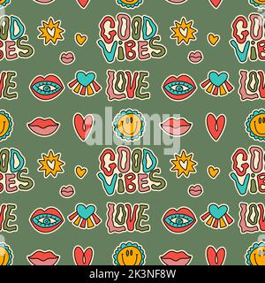 Nette Cartoon groovy Aufkleber gute Vibes Vektor nahtlose Muster. Hippie Retro Hintergrund Illustration Stock Vektor