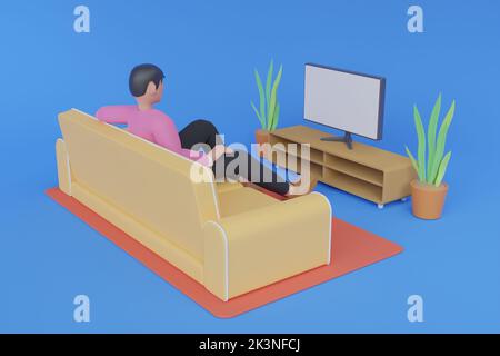 3D Zeichentrickfigur Ein junger Mann, der einen Film ansieht, will zu Hause Spaß haben. Auf einem Sofa in einem Wohnzimmer vor dem Fernsehbildschirm sitzend und w Stockfoto
