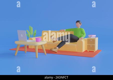 3D Film, Video ansehen. Ein Video auf einem Laptop ansehen. Online-Kino, Video-und Film-Streaming mit Gerät zu Hause Konzept. 3D Rendern Stockfoto