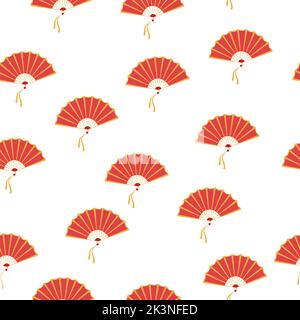 Asiatischer Handventilator. Traditionelles, nahtloses Lüftermuster isoliert auf weißem Hintergrund, Papierfaltungsmuster der Lüfter. Stock Vektor