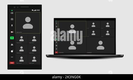 Vorlage für die Schnittstelle für Online-Videoanruf mit Benutzersymbol. Überlagerung des Fensters „Videoanrufe“. Zoom-Schnittstellenvorlage. Vorlage Für Videoanrufe. Vector UI-Bildschirm. Stock Vektor
