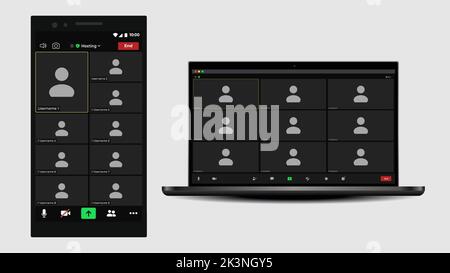 Benutzeroberfläche für Videokonferenzen. Anwendung für Anrufe. Anrufbildschirm-Vorlage. Benutzeroberfläche aus Video-Webinaren. Schnittstelle Mockup Kit. Stock Vektor