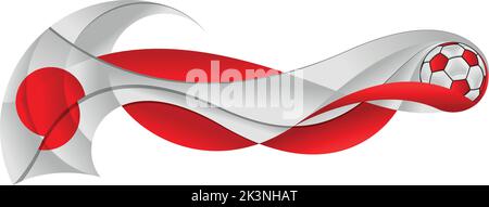 Rot-weißer Fußball, der einen abstrakten Pfad in Form einer Wellenform mit den Farben der japanischen Flagge auf weißem Hintergrund hinterlässt. Vektorbild Stock Vektor