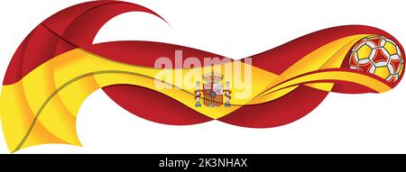 Gelb-roter Fußball, der einen gewellten Pfad mit den Farben der spanischen Flagge auf weißem Hintergrund hinterlässt. Vektorbild Stock Vektor