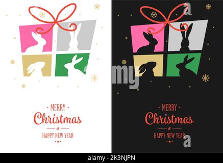 Frohes neues Jahr 2023 Karten auf schwarz-weißen Varianten. Grußkarte Vorlage mit Kaninchen Silhouette. Stock Vektor