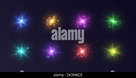 Lichtreflecken mit Funkeln, farbenfrohe Starbursts, glänzende Kamerablitze. Stock Vektor
