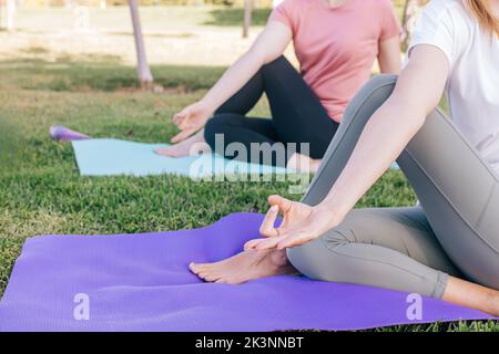 Zwei junge Frauen im Park machen morgens Yoga. Nahaufnahme der Hände Stockfoto