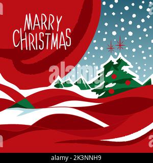 Luxury Hand Drawn Cristmas - Neujahrskarte mit weihnachtsbäumen und schneebedeckter Landschaft, Vintage-Vektor-Stil Gruß rot und grün, kostenlos Stock Vektor