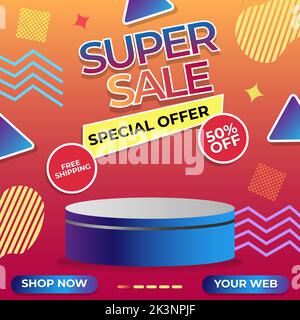 Bannervorlage für Sonderangebote mit Podium für das Produkt. Posterdesign „Super Sale“ mit Rabattangebot auf abgestuftem Hintergrund Stock Vektor